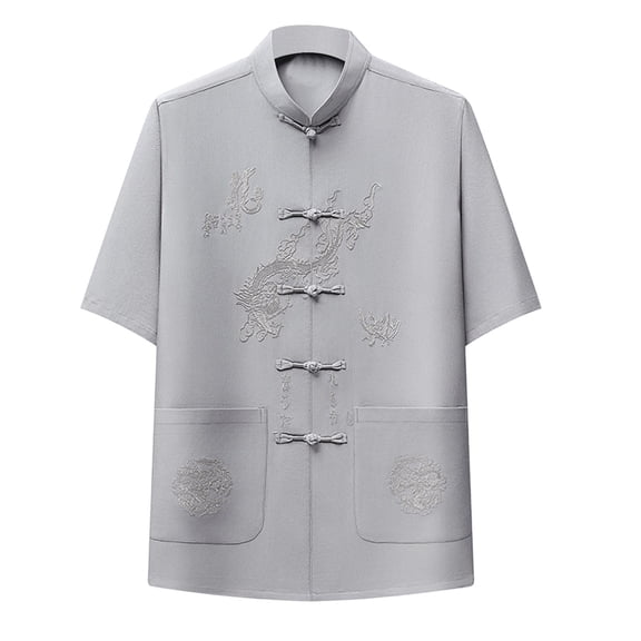 Golf Shirts for Men Big and Tall,Men's Short Sleeve Mandarin Collar Kung Fu Shirts Chinese Traditional Embroidered Tai Chi Frog-Button Shirt