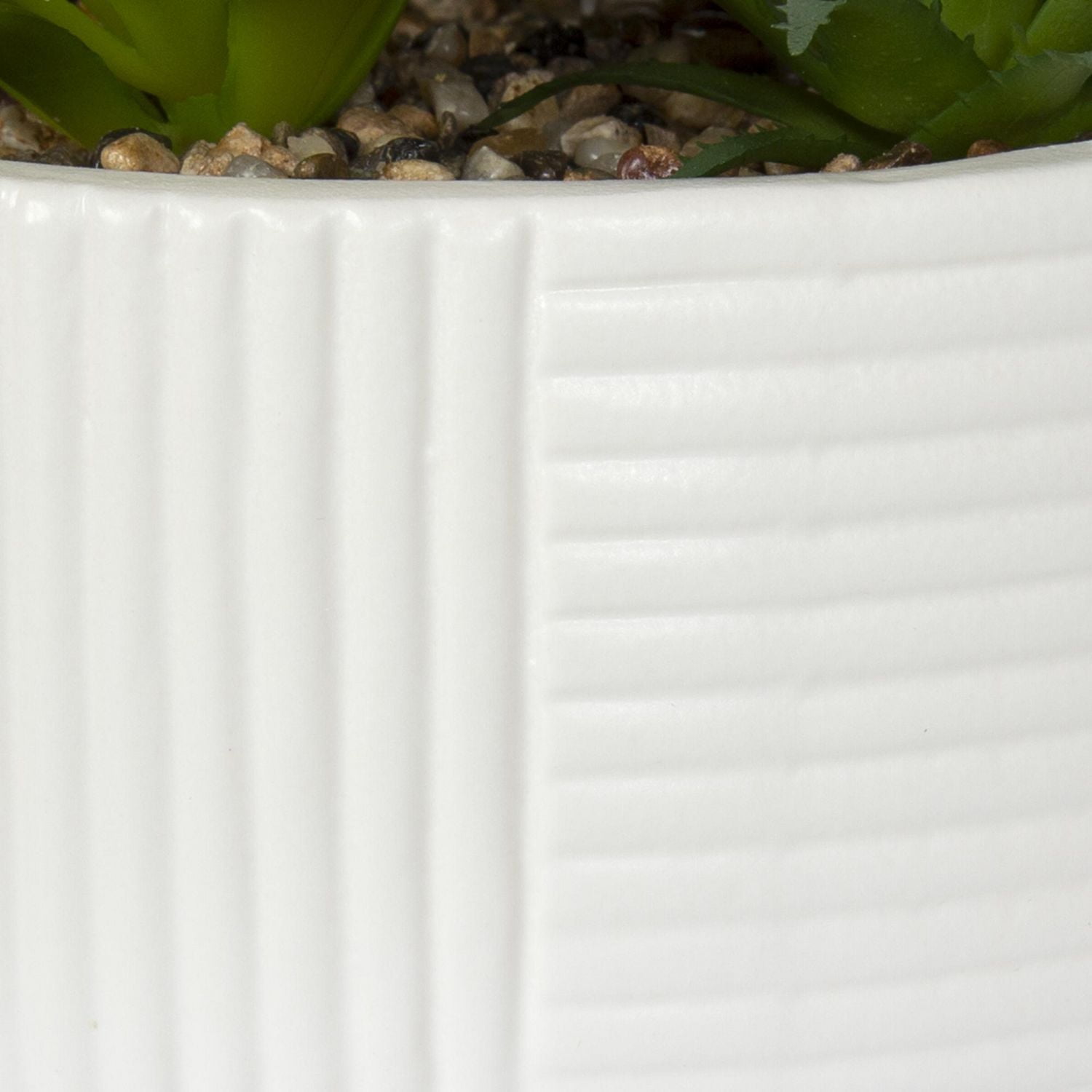 DesignOvation 6.25"H Tabletop Artificial Succulents in White Ribbed Pot, 7.13in W x 6.25in H x 7.13in D