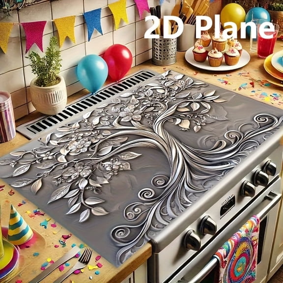1PCS Stove Top Cover, Stove Top Covers For Electric Stove, 28.3x20.4 Inches Plastic Cover With Silver Tree & Delicate Flowers Design, Fit For Electric Stove