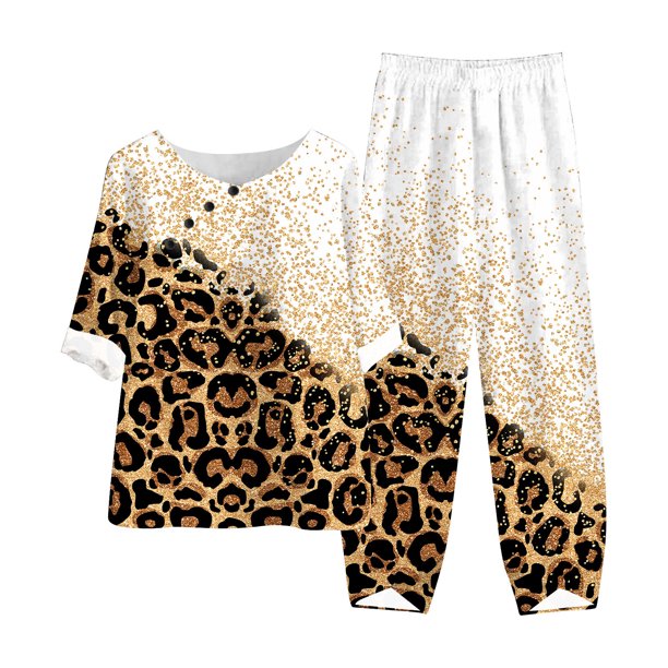 Puntoco Conjunto de traje de dos piezas con cuello redondo y manga corta estampado de verano para mujer Puntoco Puntoco-1112