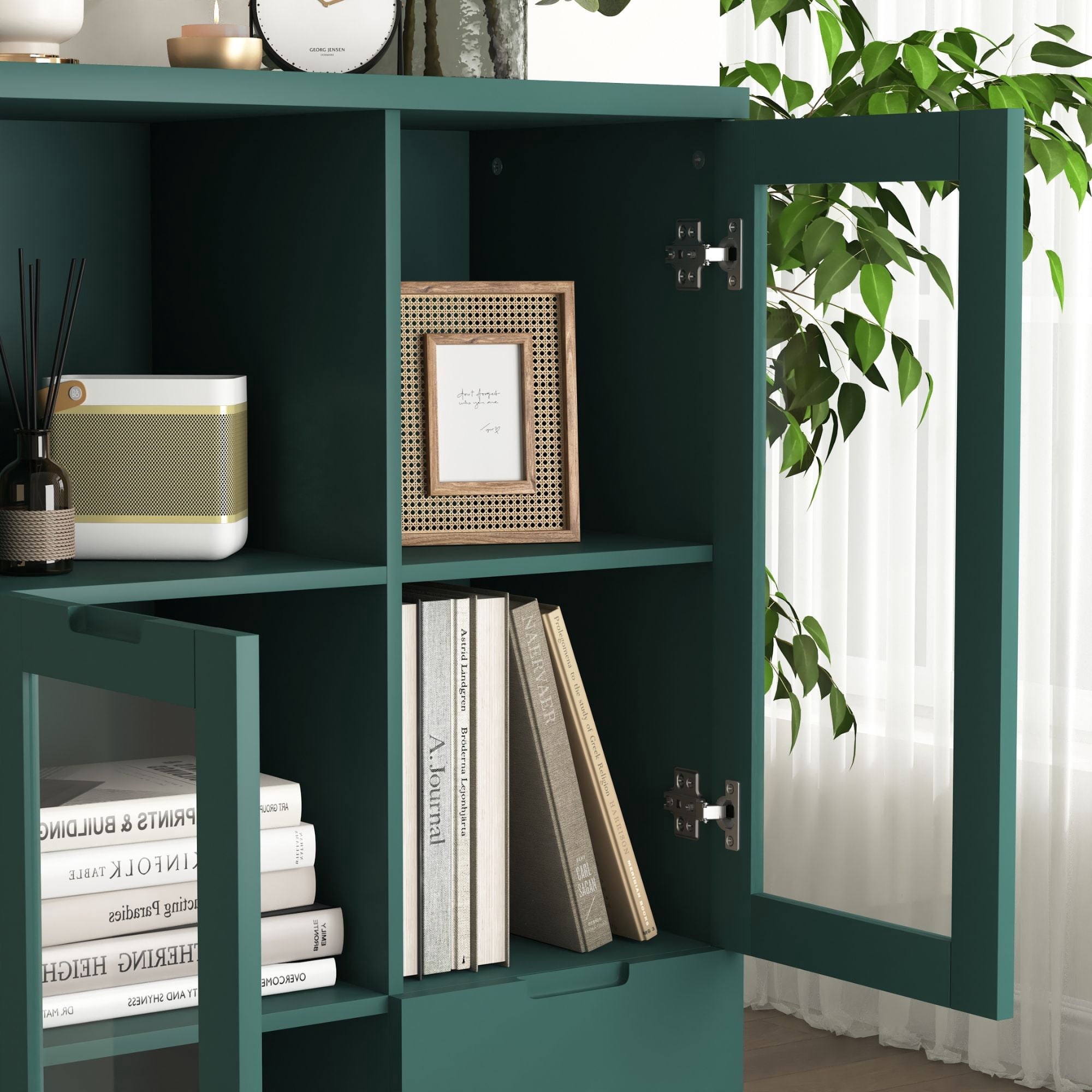 Noble House Storage Cabinet with Glass Doors and Drawer, Adjustable Shelves, Green