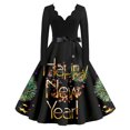 thumbnail image 3 of Women's Casual Dress Long Sleeve V-Neck New Year Printed Vintage Loose Fit Midi Dress for Spring Fall Holiday,Black,L, 3 of 6