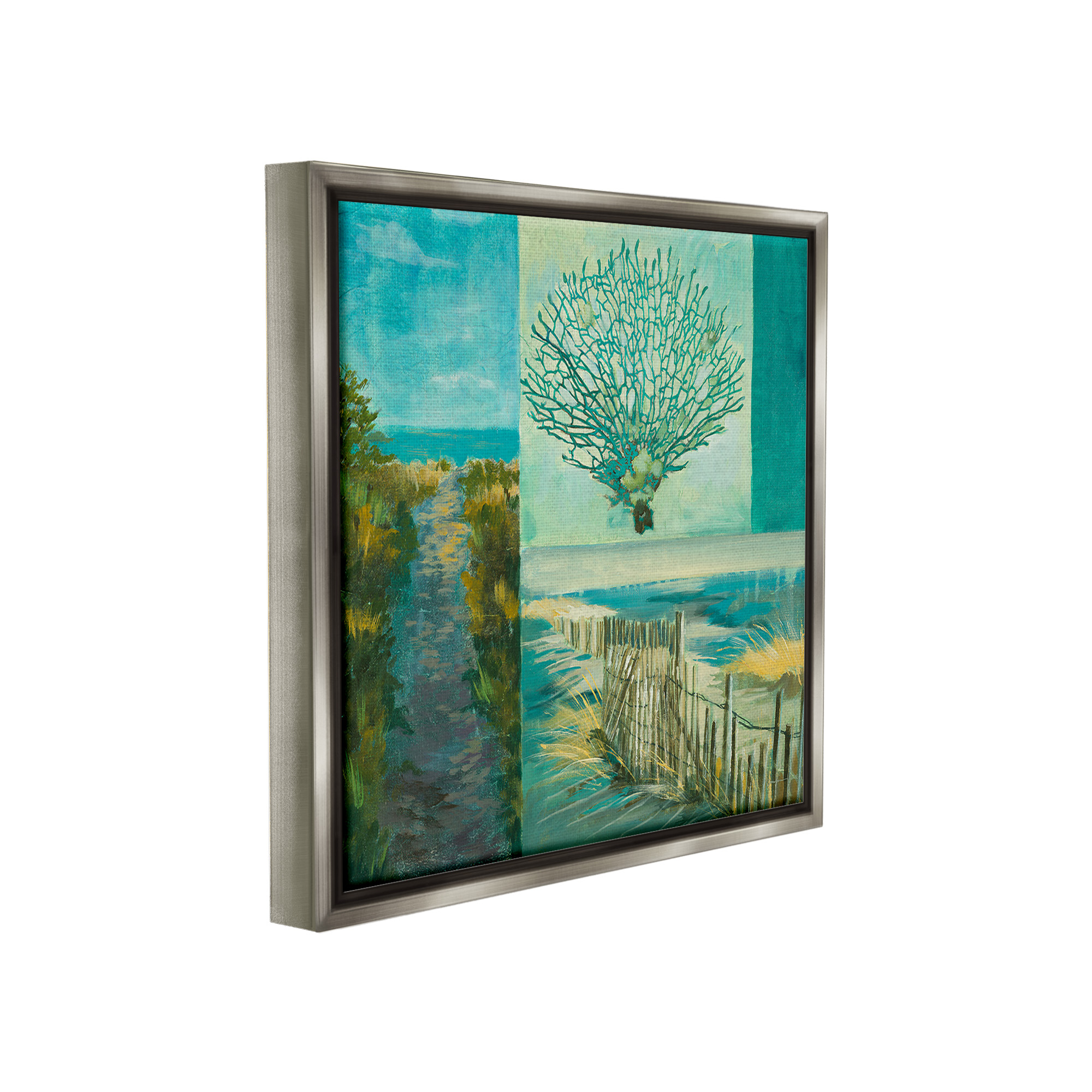 Stupell Industries Modern Beach Coral Collage Landscape Painting Gray Floater Framed Canvas Art Print Wall Art, 18 x 18