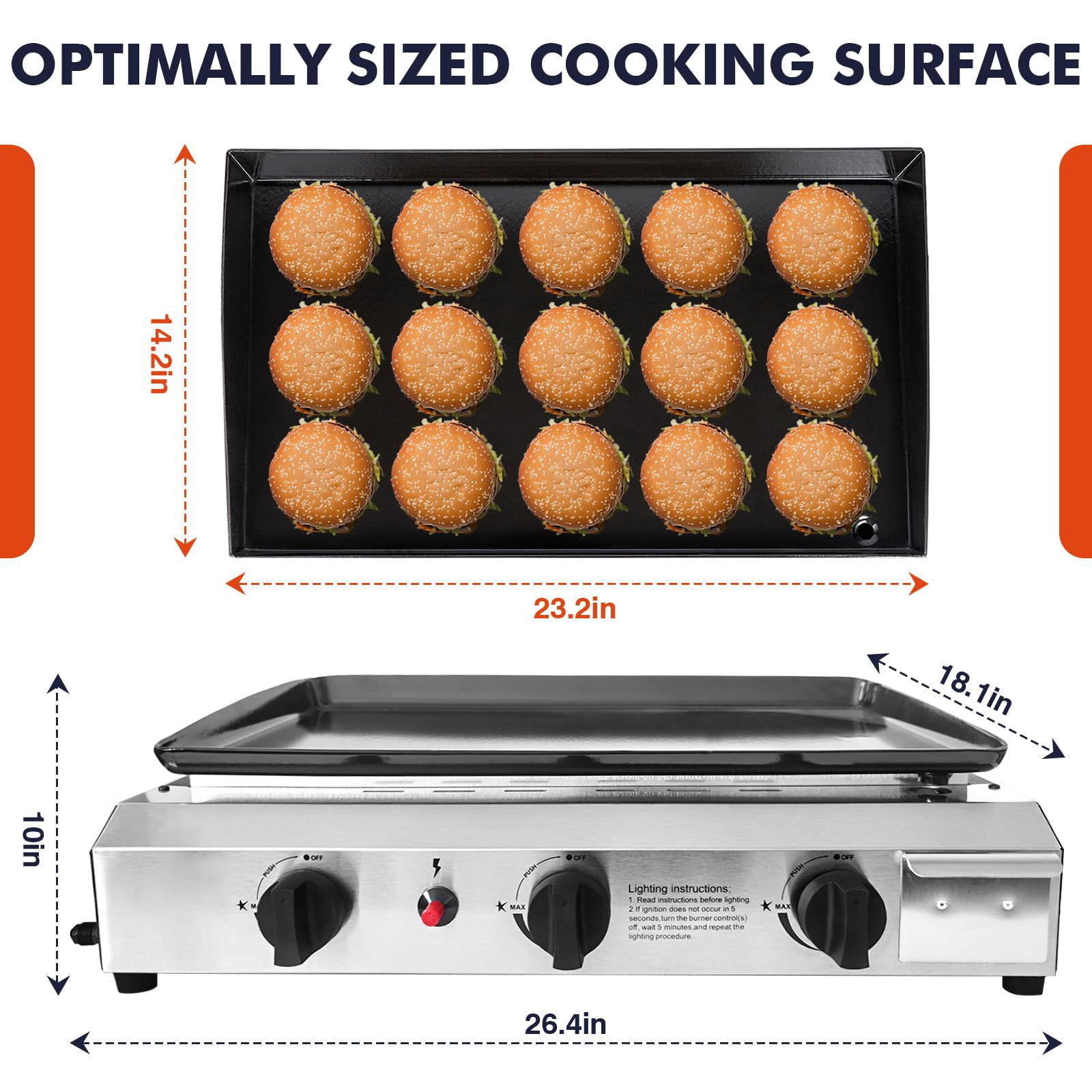 Frizi 30,000 BTU 3-Burner Flat Top Portable Propane Gas Grill with Auto Ignition, Stainless Steel Tabletop Griddle for Camping, BBQ, and Outdoor Cooking