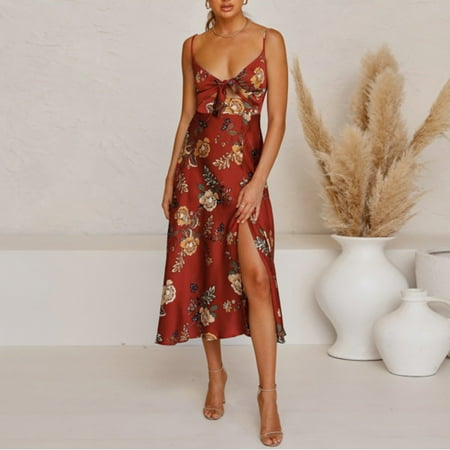 

Inkach Women Summer Fashion Floral Print V-Neck Hollow Lace Up Sling Dress
