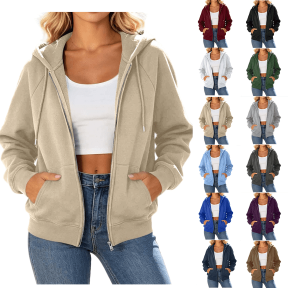 Essentials Hoodie Hzzrkos Fashion Women's Casual Comfortable Solid Full-Zip Hoodie Drawstring Long Sleeve Pockets Hooded Sweatshirt Coat Army Green L