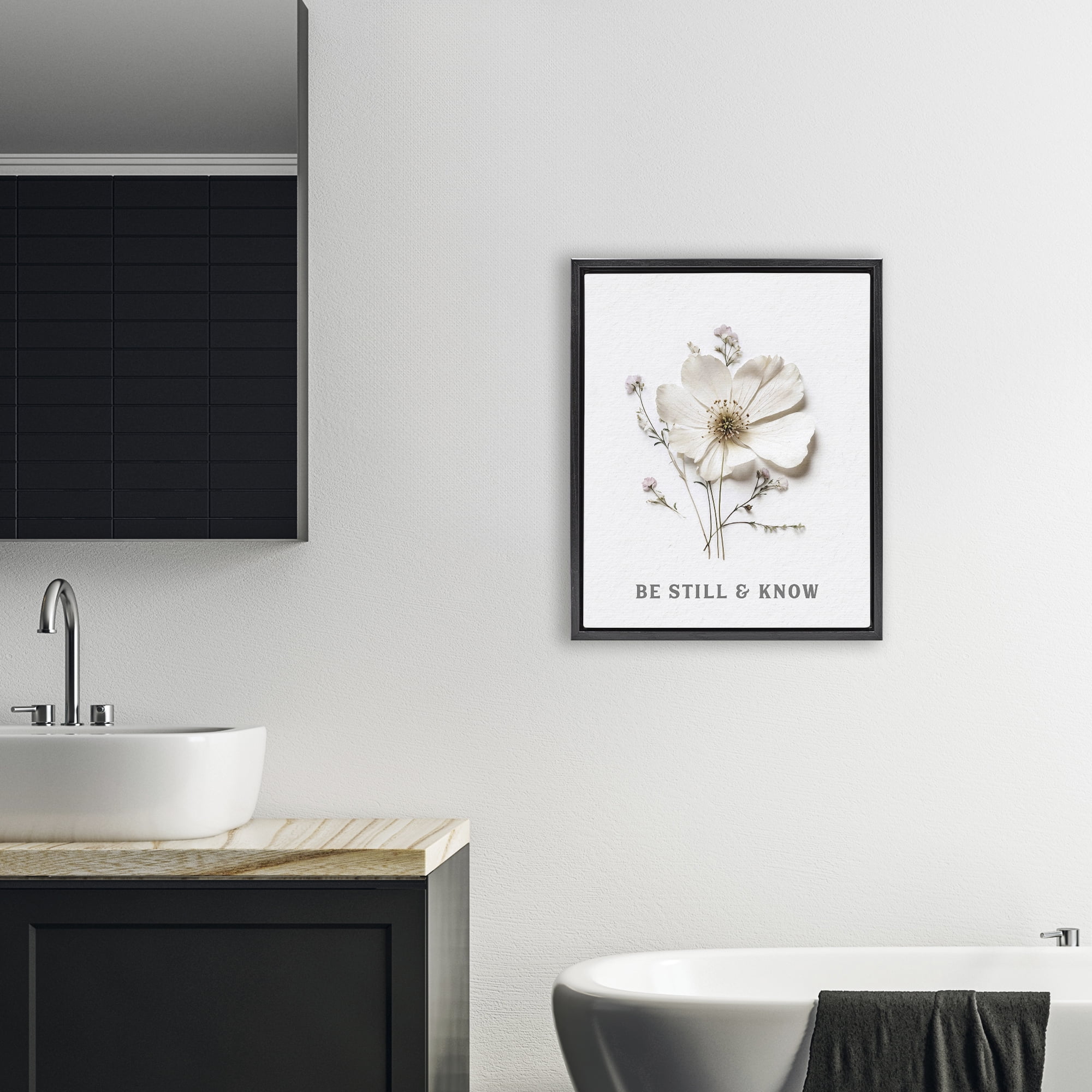 Be Still & Know Pressed Flowers Black Framed Floater Canvas Wall Art, design by Lettered and Lined