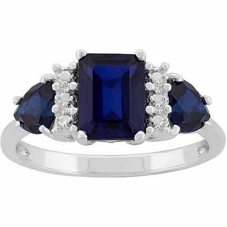 Created Sapphire Sterling Silver Side Trillions and Emerald-Cut Center Three-Stone Ring