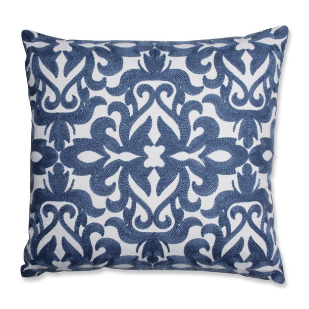 18" Springtime Blue and White Damask Embroidered Decorative Throw Pillow