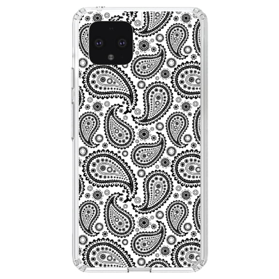 DistinctInk Clear Shockproof Hybrid Case for Google Pixel 4 (5.7" Screen) - TPU Bumper, Acrylic Back, Tempered Glass Screen Protector - Black & White Paisley