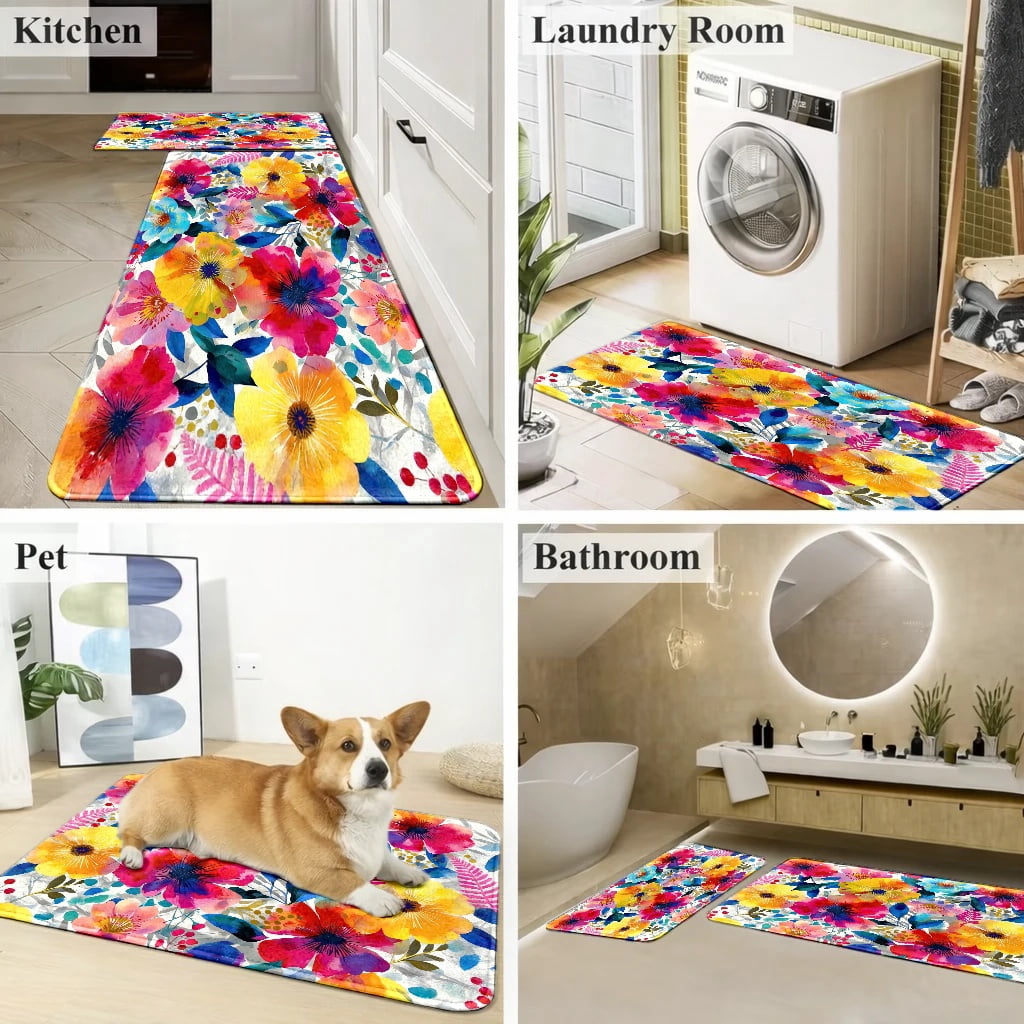Waterproof Non-Slip Rubber Backed Flannel Floor Mat, Colorful Watercolor Floral, Machine Washable, for Indoor Outdoor Living Room Bedroom Kitchen Bathroom Balcony Porch Entryway Doormat Rug