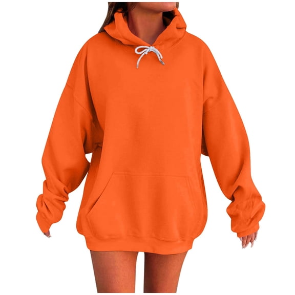 Moxiu Women Oversized Hoodie Winter Solid Sweatshirts Fleece Hooded Pullover 2025 Basic Casual Tops Fall Preppy Sweater Orange,S