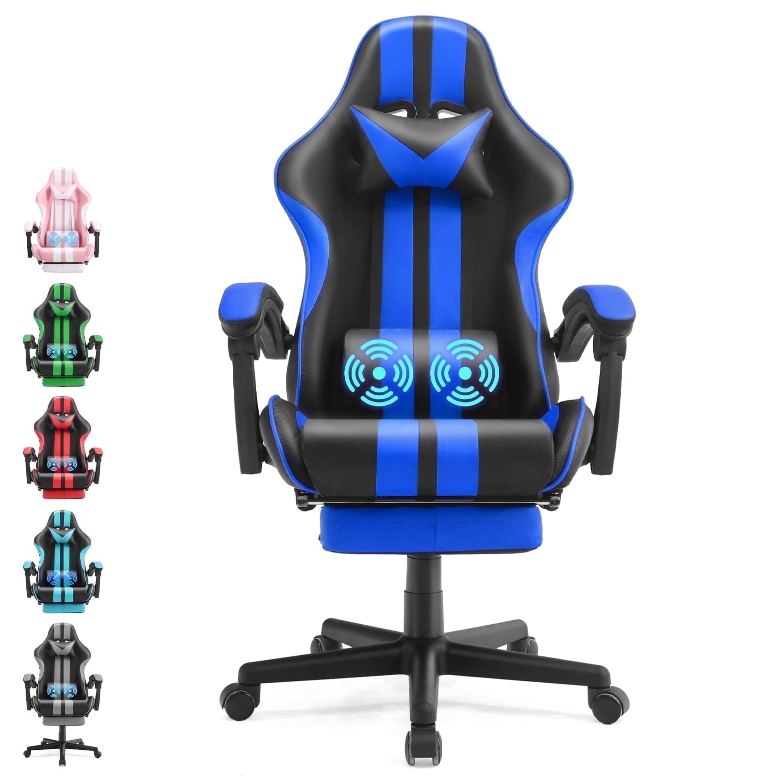 SOONTRANS Gaming Chair, Blue Gamer Chair with Footrest, Ergonomic Office Chair for Adult, Reclining Computer Chair with Massage Lumbar, Adjustable Game Chair