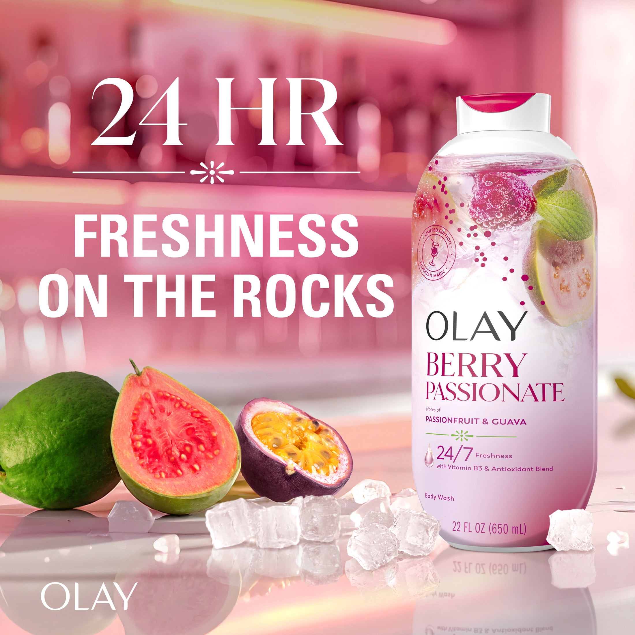 (4 pack) Olay Berry Passionate Body Wash with Notes of Passionfruit and Guava, Vitamin B3 and Antioxidant Blend, 22oz