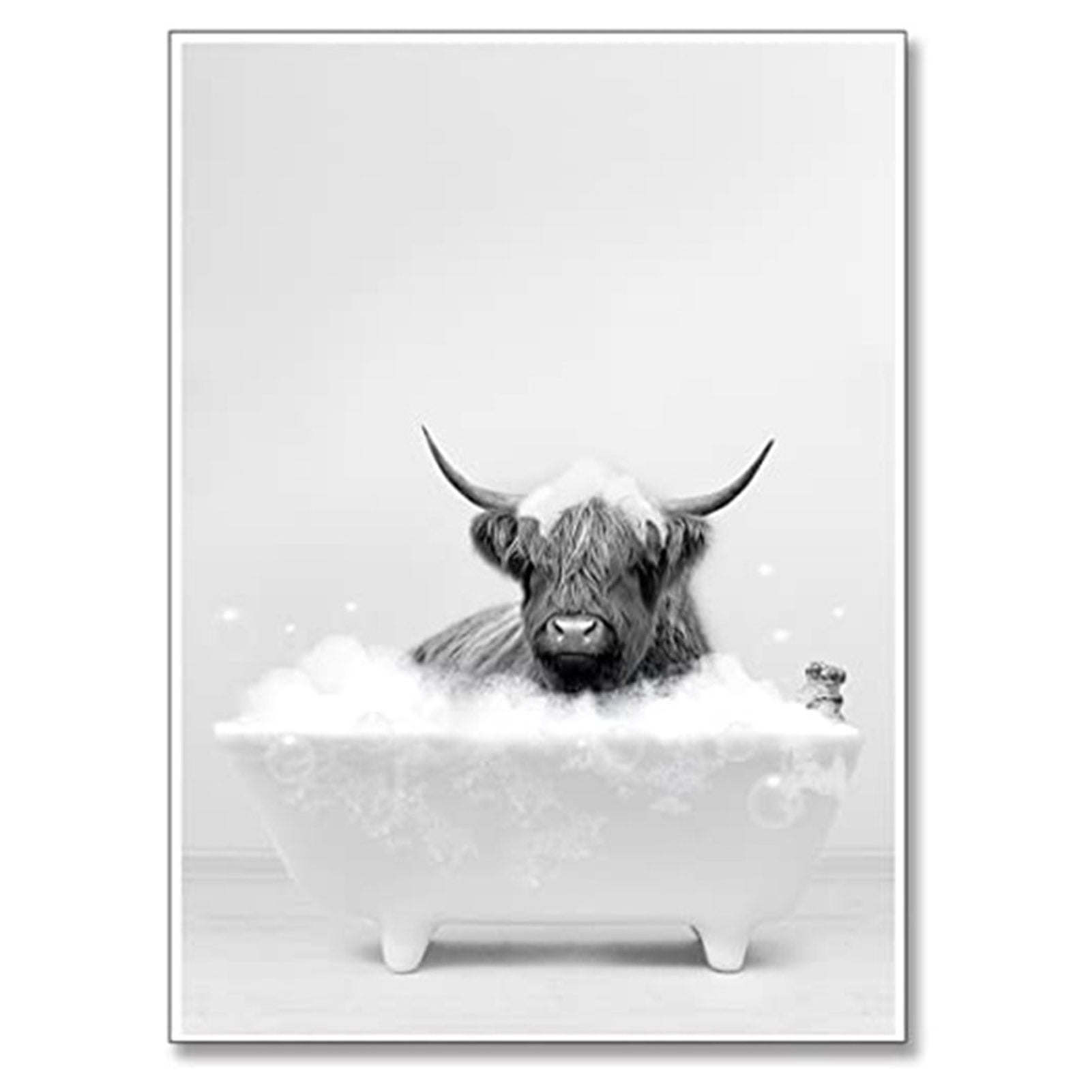 FeiraDeVaidade Funny Highland Cow Wall Art Bathtub, Black And White