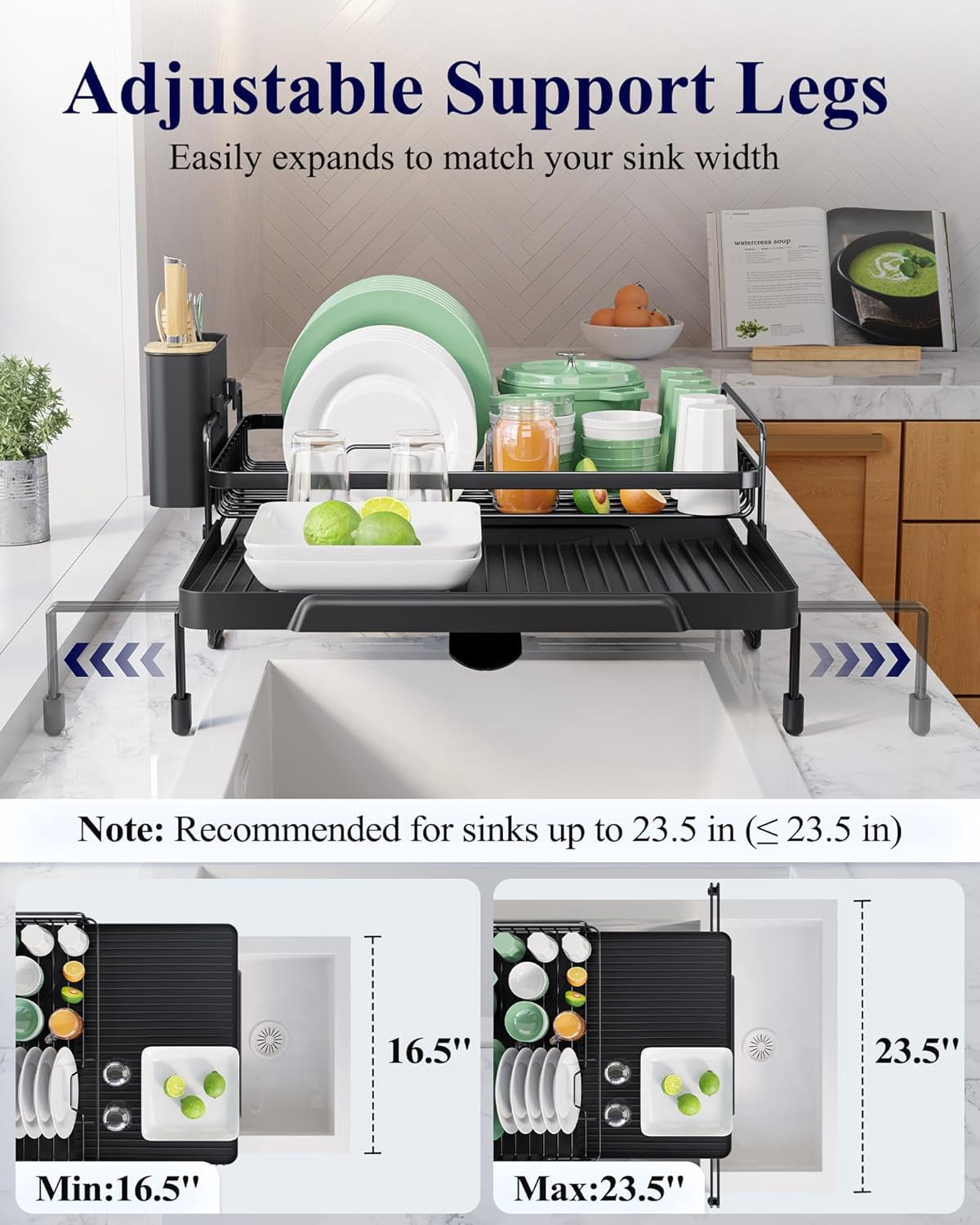 Extendable Dish Drying Rack - Adjustable Length 12.8"–21.0", Auto-Draining Dish Rack for Kitchen Counter, Rust-Resistant Metal Frame Over-Sink Support for Plates, Bowls & Utensils, Grey