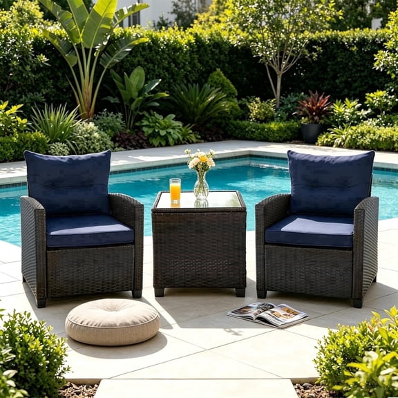 3 Pieces Patio Furniture Set, Outdoor Conversation Set with Cushions, PE Rattan Wicker Bistro Set and Tempered Glass Tabletop, Outdoor Rattan Sofa for Poolside,Balcony, Porch(Navy Blue)