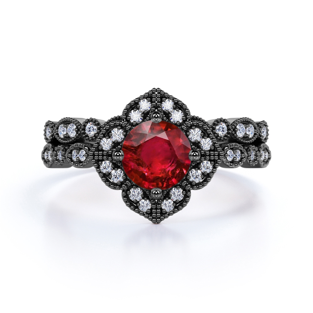 Sterling Silver Classic Round Cut Ruby Floral Engagement Wedding Halloween Ring For Her