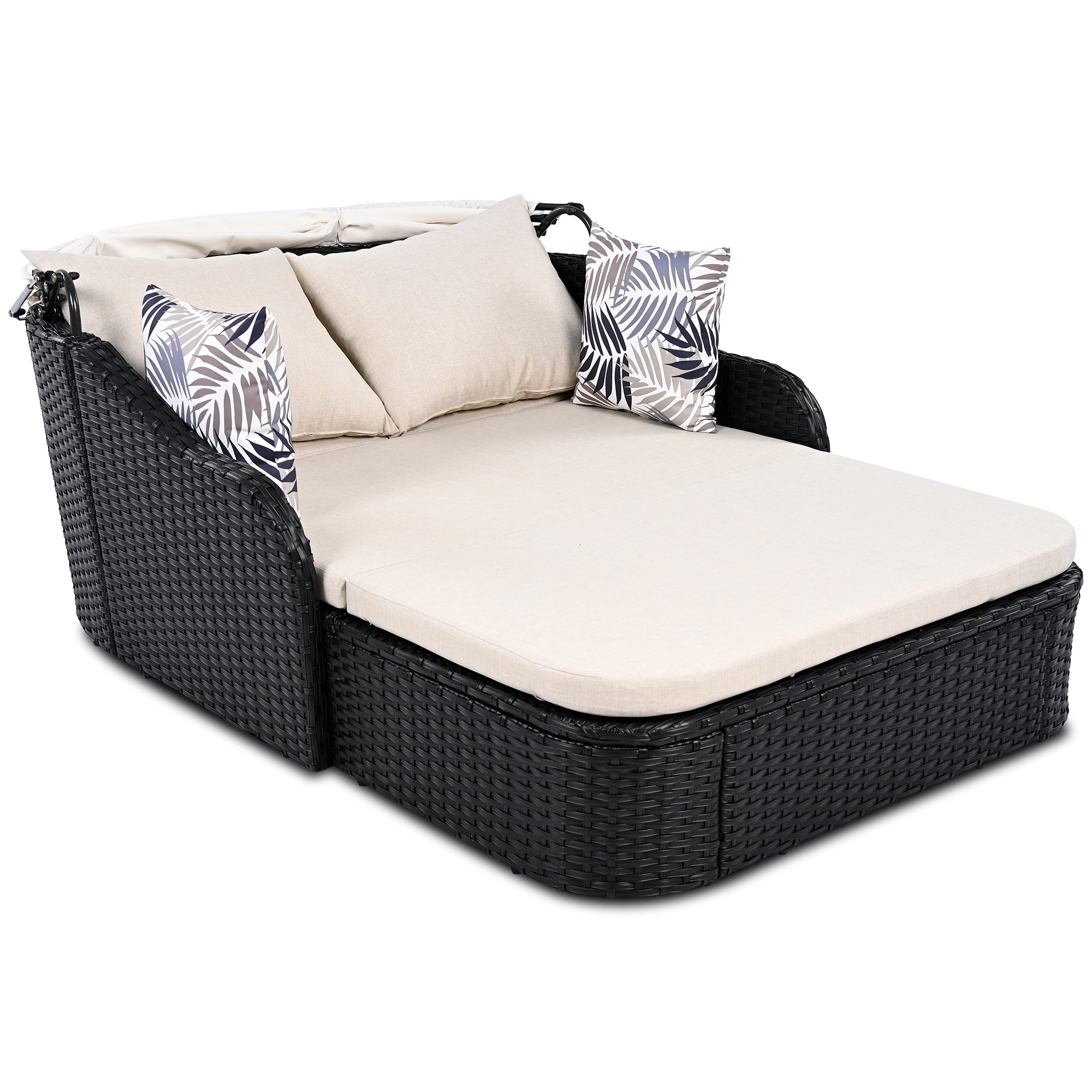 79.9" Outdoor Sunbed with Adjustable Canopy,Patio Chaise Double Lounger Sofa Daybed for Beach Backyard,Beige&Black