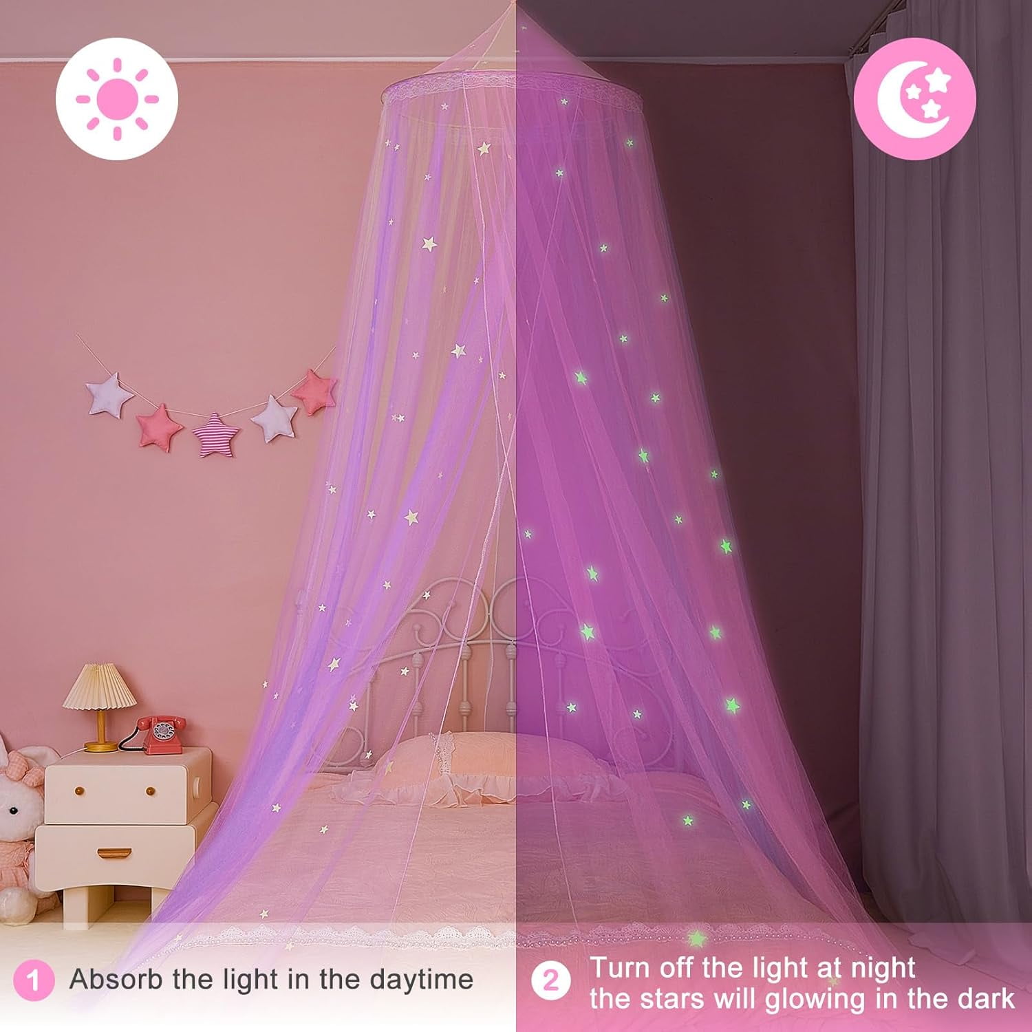 CAILDANL Bed Canopy for Girls Room Bed Canopy Curtains with Led Lights Mosquito Net DIY Princess Room Décor with Stars Butterflies for Kids Bedroom, Hot Pink