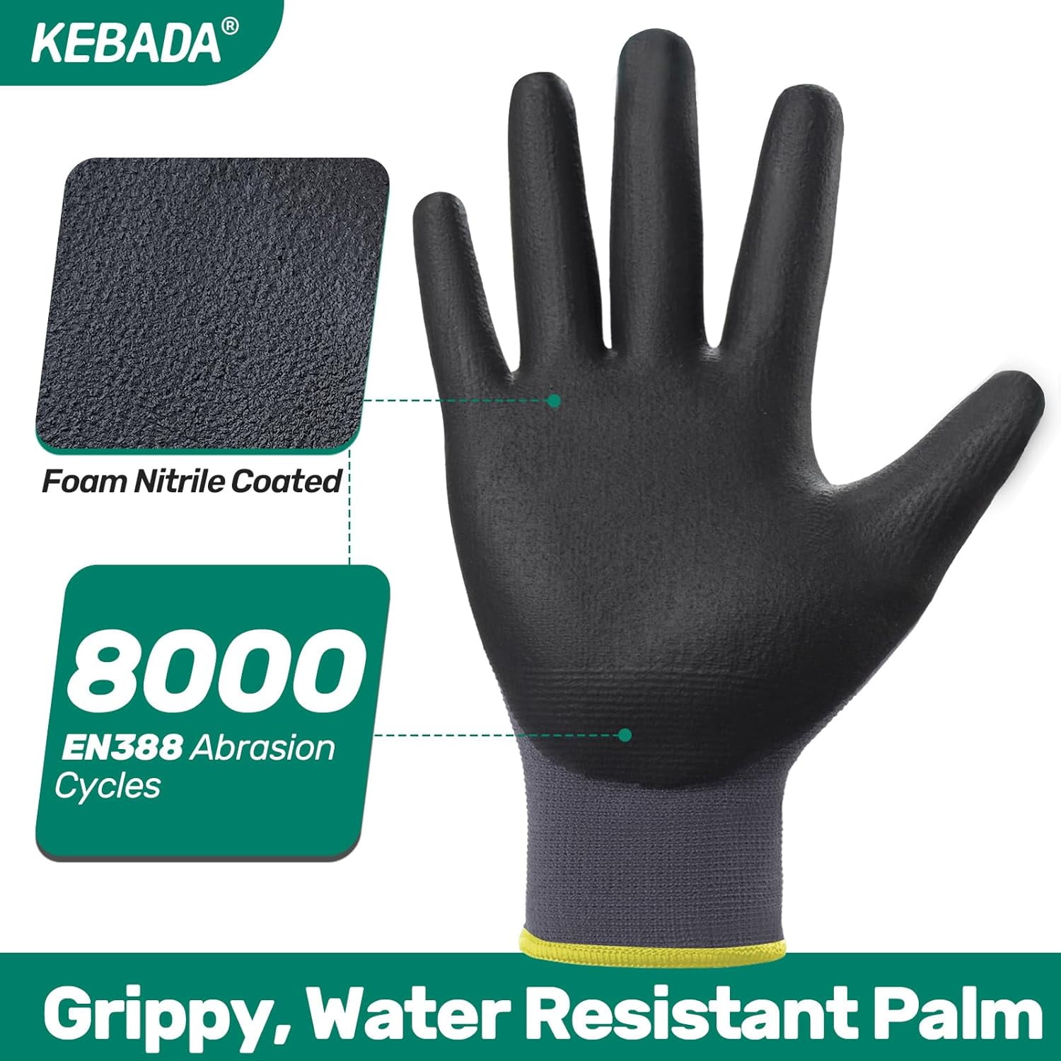 60 Pairs KEBADA Nitrile Coated Work Gloves, Abrasion-Resistant, Grip Gloves for Gardening, Warehouse, Mechanics, and Light Construction, Small