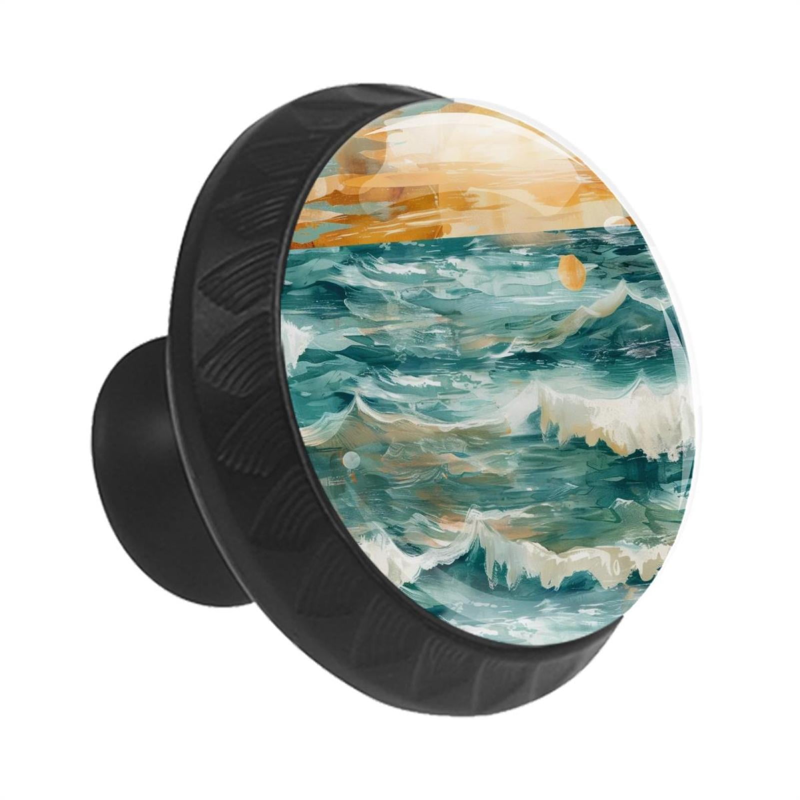 12 Pack Round Glass Drawer Knobs For Kitchen Cabinet With Screws, Boho Beach Coastal Teal Ocean Sunrise Pattern Crystal Diamond Shaped Cupboard Knobs For Kitchen Office Bathroom
