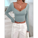 thumbnail image 4 of Camisetas de Larga con Cuello en V para Mujer, Top Corto con Doble Forro y Copas con Costura para Salir. Judías L, 4 of 10