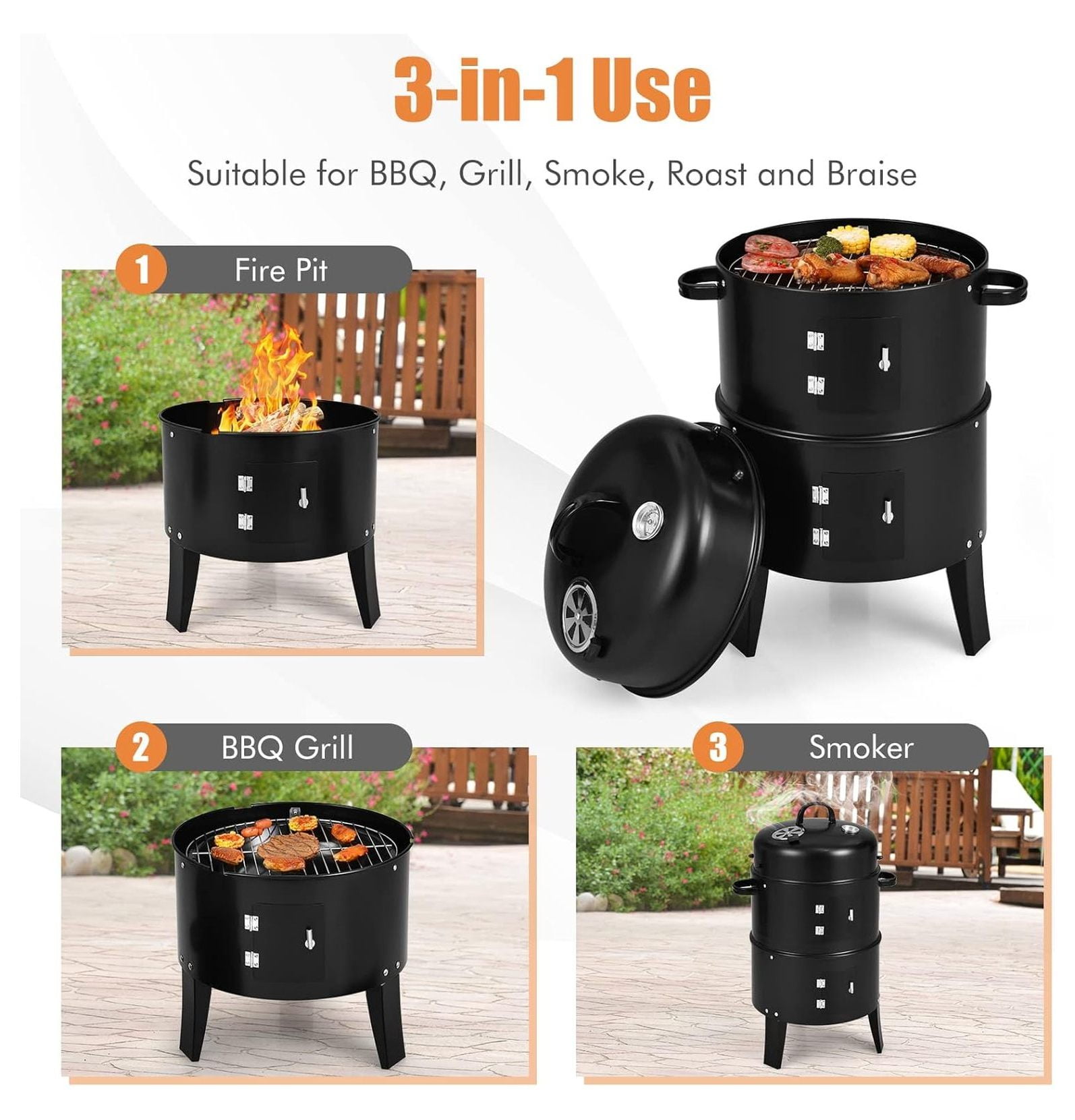 3-in-1 Charcoal Smoker Grill, Outdoor Vertical Charcoal Smoker with Built-in Thermometer & Adjustable Vent System, 2-Layer Separable BBQ Grills for Camping & Family Cooking