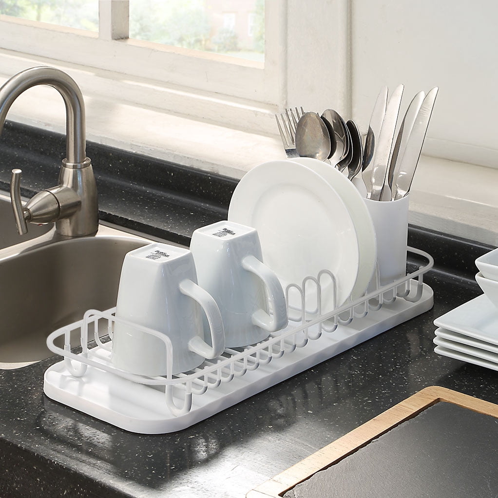 SunnyPoint 304 Stainless Steel Dish Drying Rack with Utensil Holder, Compact Countertop Dish Rack with Removable Drain Tray – White