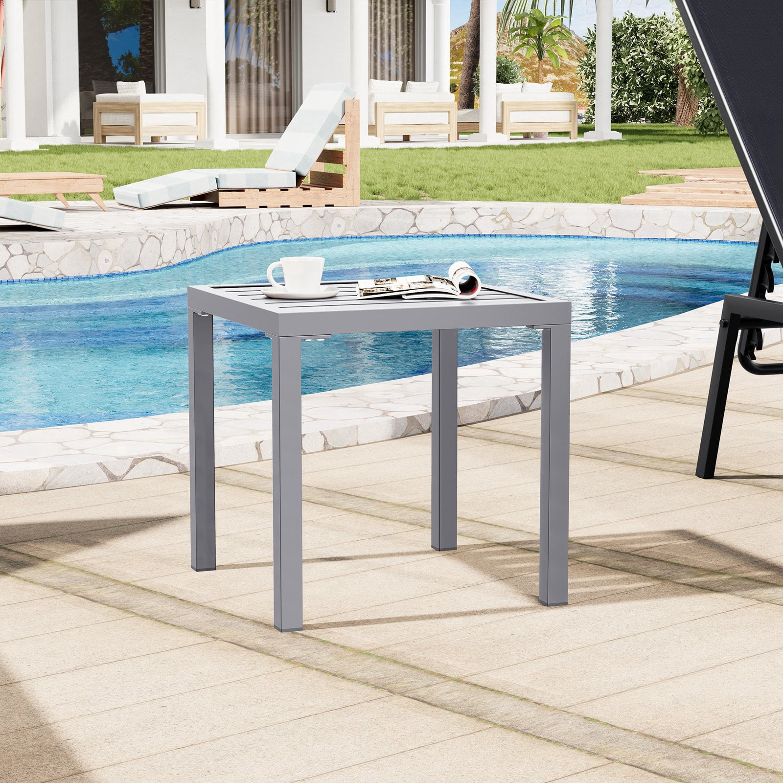 Pellebant 16" Outdoor Side Table Set of 2, All-Weather Square Metal Patio End Table for Garden, Porch, Deck, Backyard, Grey