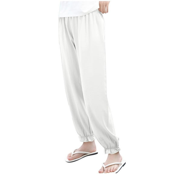 Lenpel Girls' Summer Pants Children Loose Elastic Waist Cinch Bottom Pull on Lounge Pants Lightweight Casual Trousers