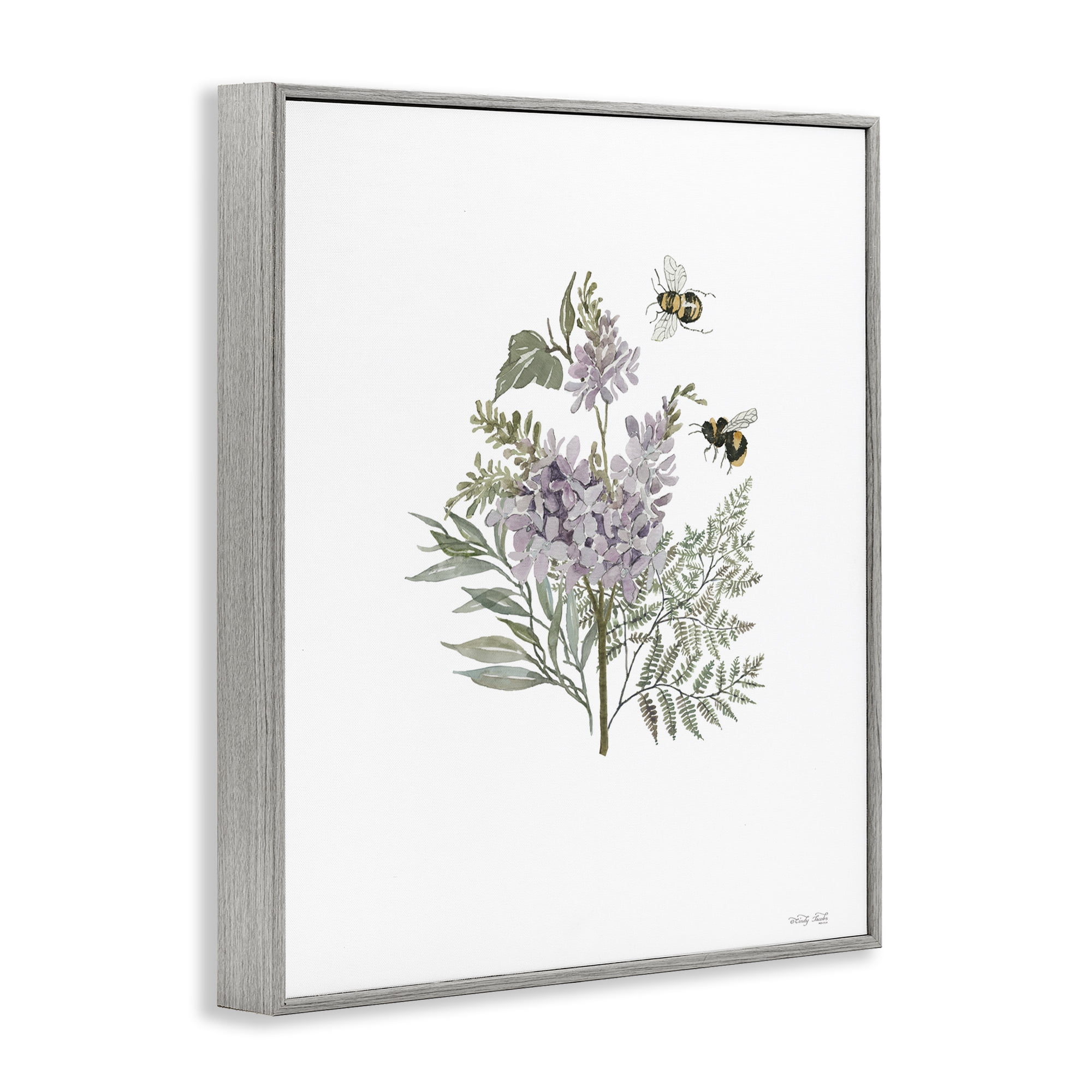 Stupell Industries Lilacs & Bumble Bees Animals & Insects Painting Gray Framed Art Print Wall Art, 16 x 20
