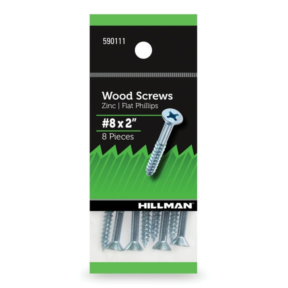 Hillman Wood Screws, #8 x 2", Steel, Zinc, Interior Screws, Phillips, Silver, 8 pack