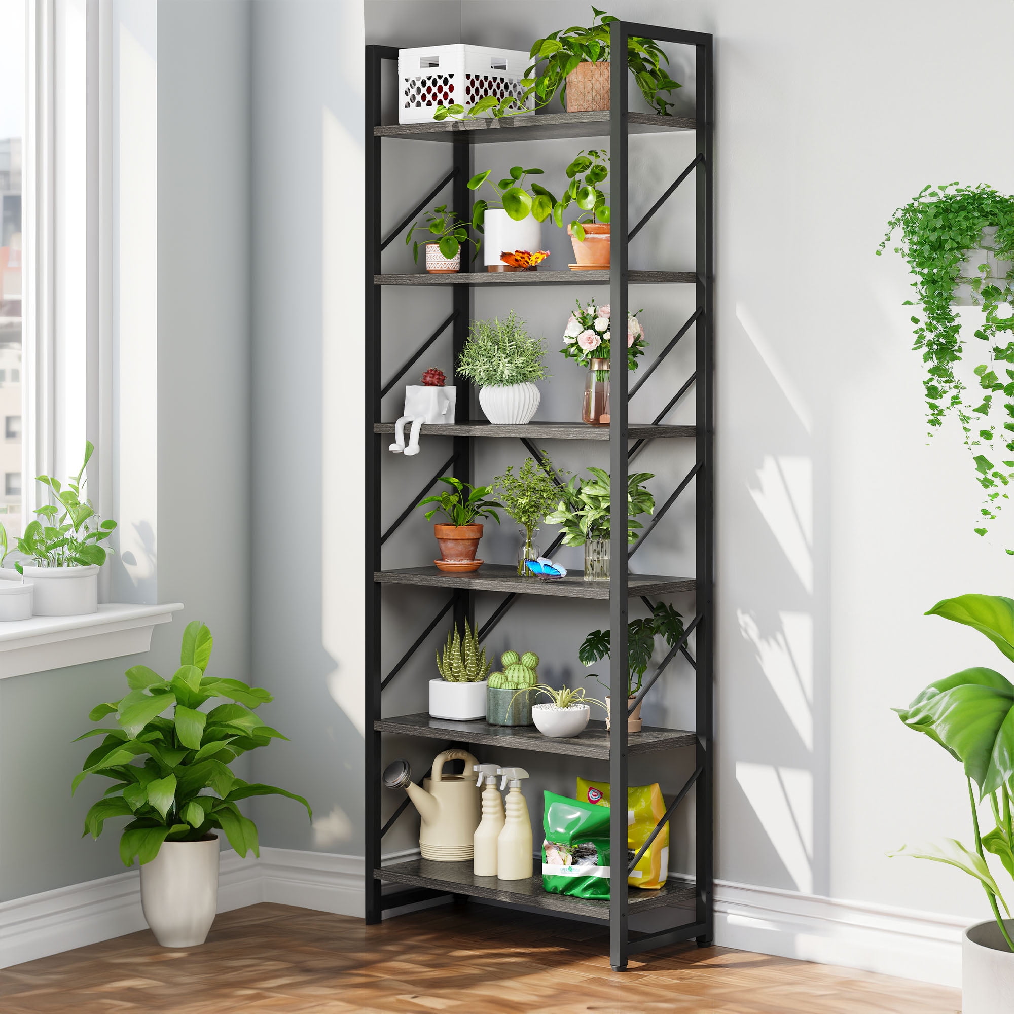Dextrus 6 Tiers Ladder Bookshelf, 69 inch Classically Modern Freestanding Bookcase,Modern Open Display Storage Organizer Book Shelves in Living Room/Home/Office, Black & Gray