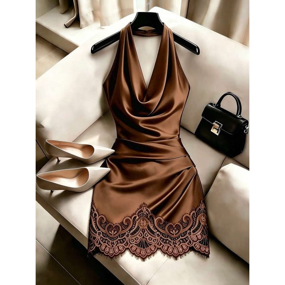 Women's Halter Neck Draped Cowl Neck Mini Dress with Ruched Waist and Lace Hem, Slimming Bodycon Short Dress for Elegant Occasions