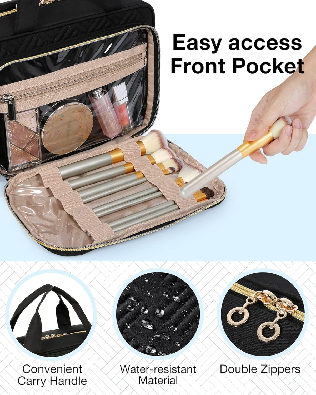 Toiletry Bag Hanging Travel Makeup Organizer with TSA Approved Transparent Cosmetic Bag Makeup Bag for Full Sized Toiletries, Medium-Black