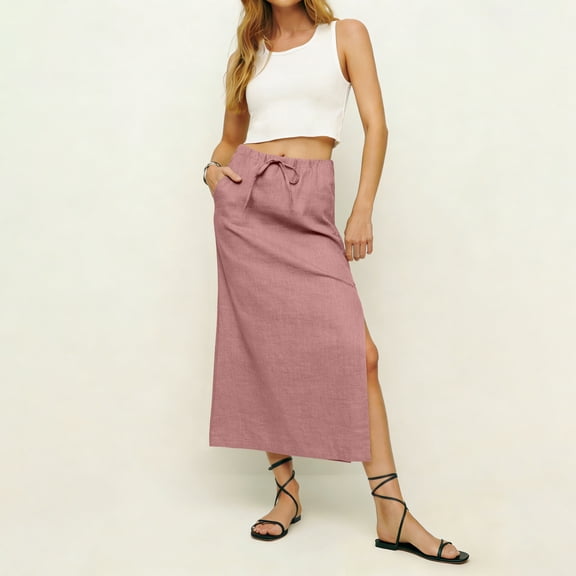 Womens Linen Skirts Trendy Elastic Waist Drawstring Long Skirts with Slit