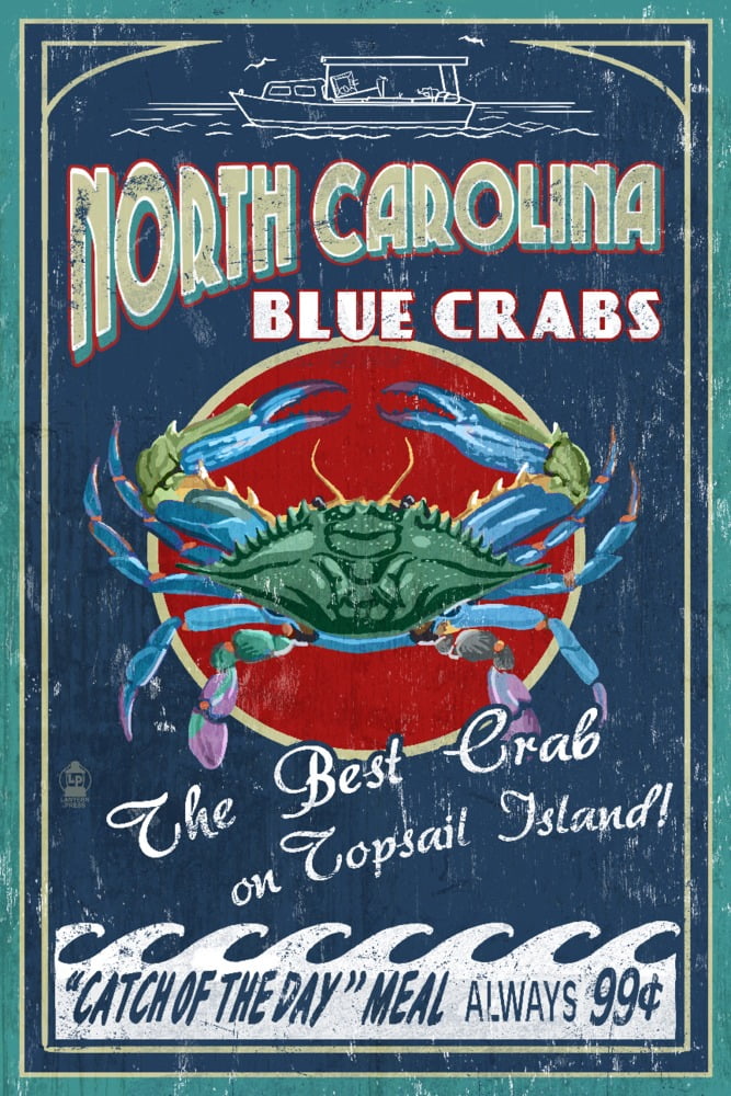 Topsail Island, North Carolina, Blue Crabs, Vintage Sign (16x24 Giclee