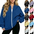 thumbnail image 2 of Full Zip Up Sweatshirt Women No Hood Oversized Loose Casual Long Sleeve V Neck Jacket Fall Winter Sweatshirt Blue XL, 2 of 8