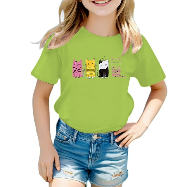 GDREDA Vêtements pour Filles, T-Shirt Graphique Mignon à Col Rond et Manches Courtes pour l'Été, Vert Clair, 8-9 Ans
