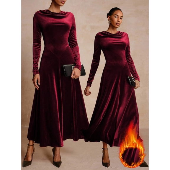 Elegant Burgundy Long Sleeve Velvet Cowl Neck Maxi Dress For Women
