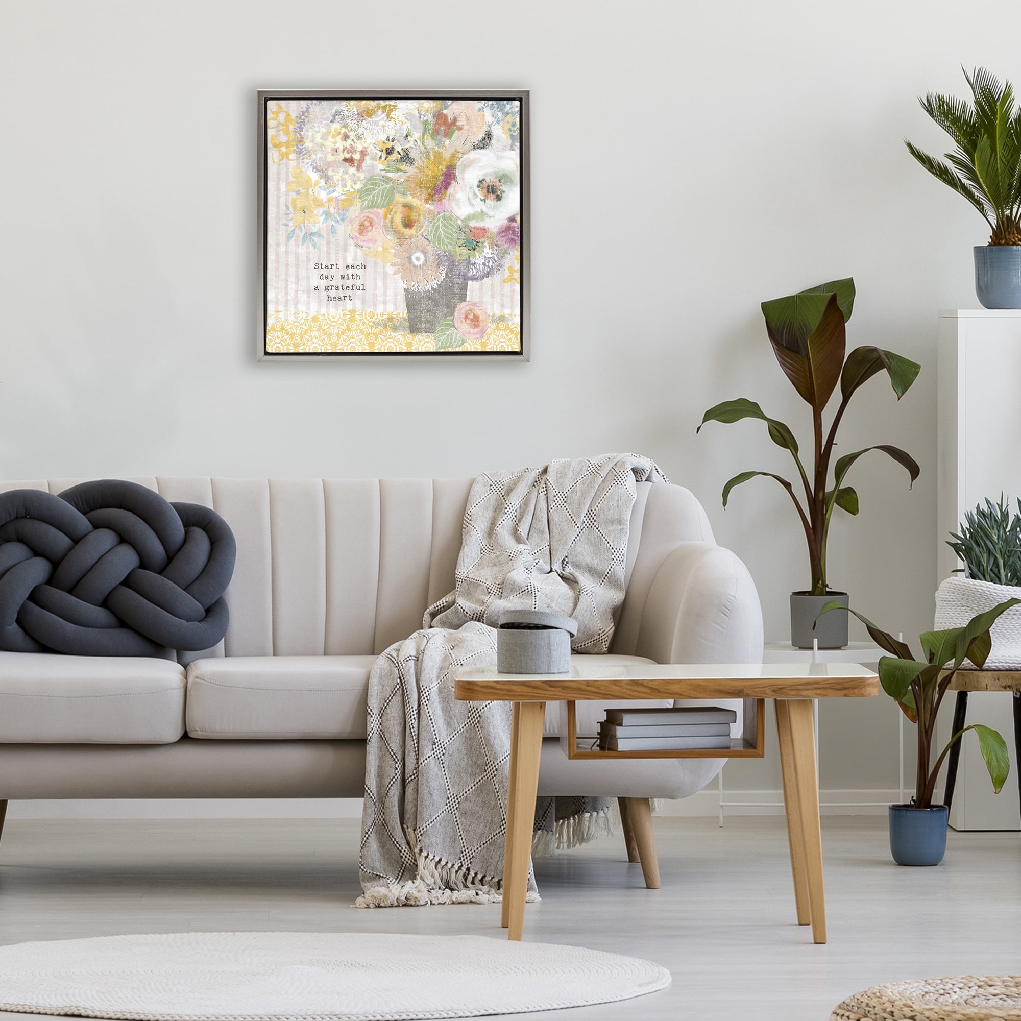 Stupell Industries Floral Inspirations Grateful Heart Gray Framed Floater Canvas Wall Art, design by Suzanne Nicoll