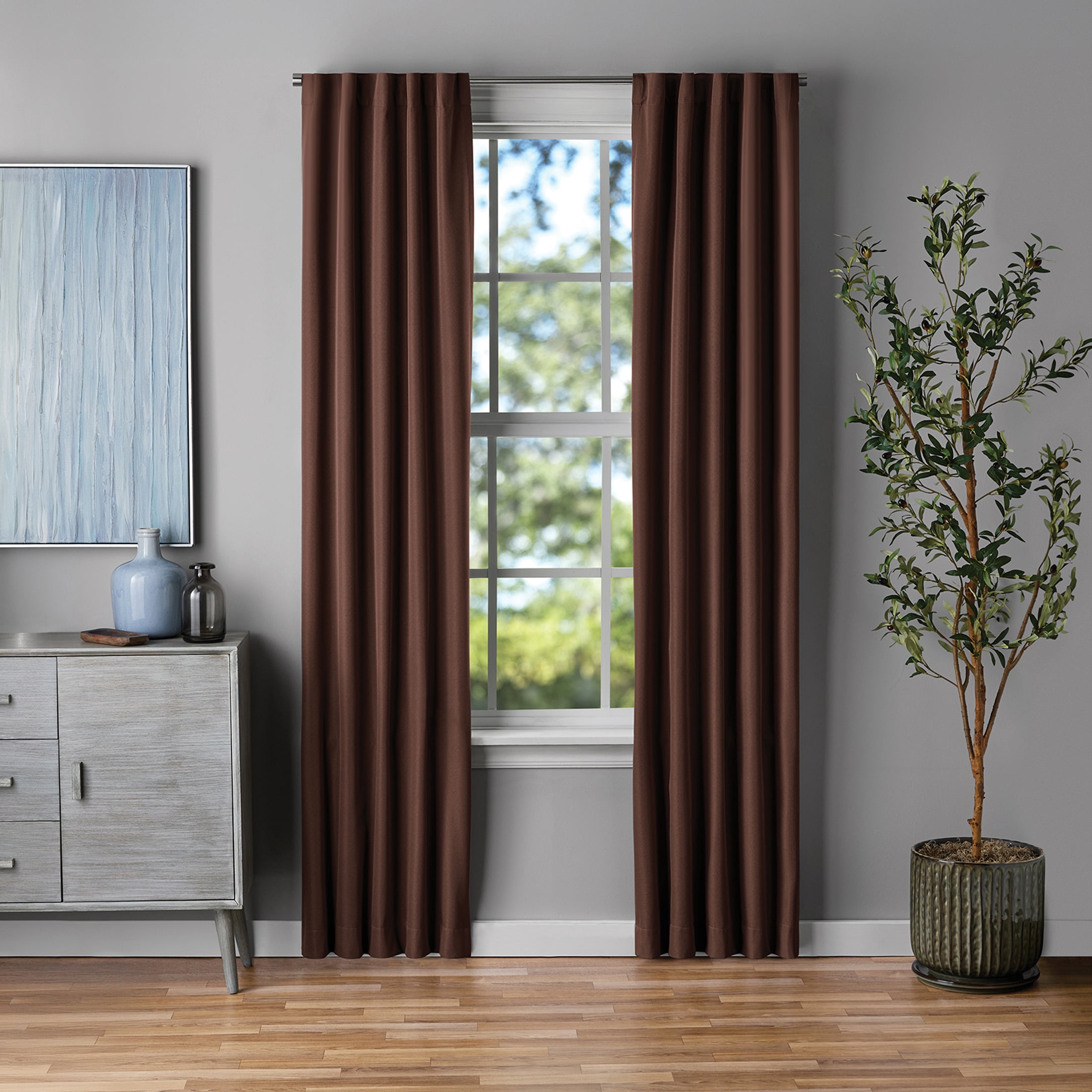 Mainstays Brown Solid Blackout Rod Pocket with Back Tabs Curtain Panel Pair, Set of 2, 30" W x 84" L