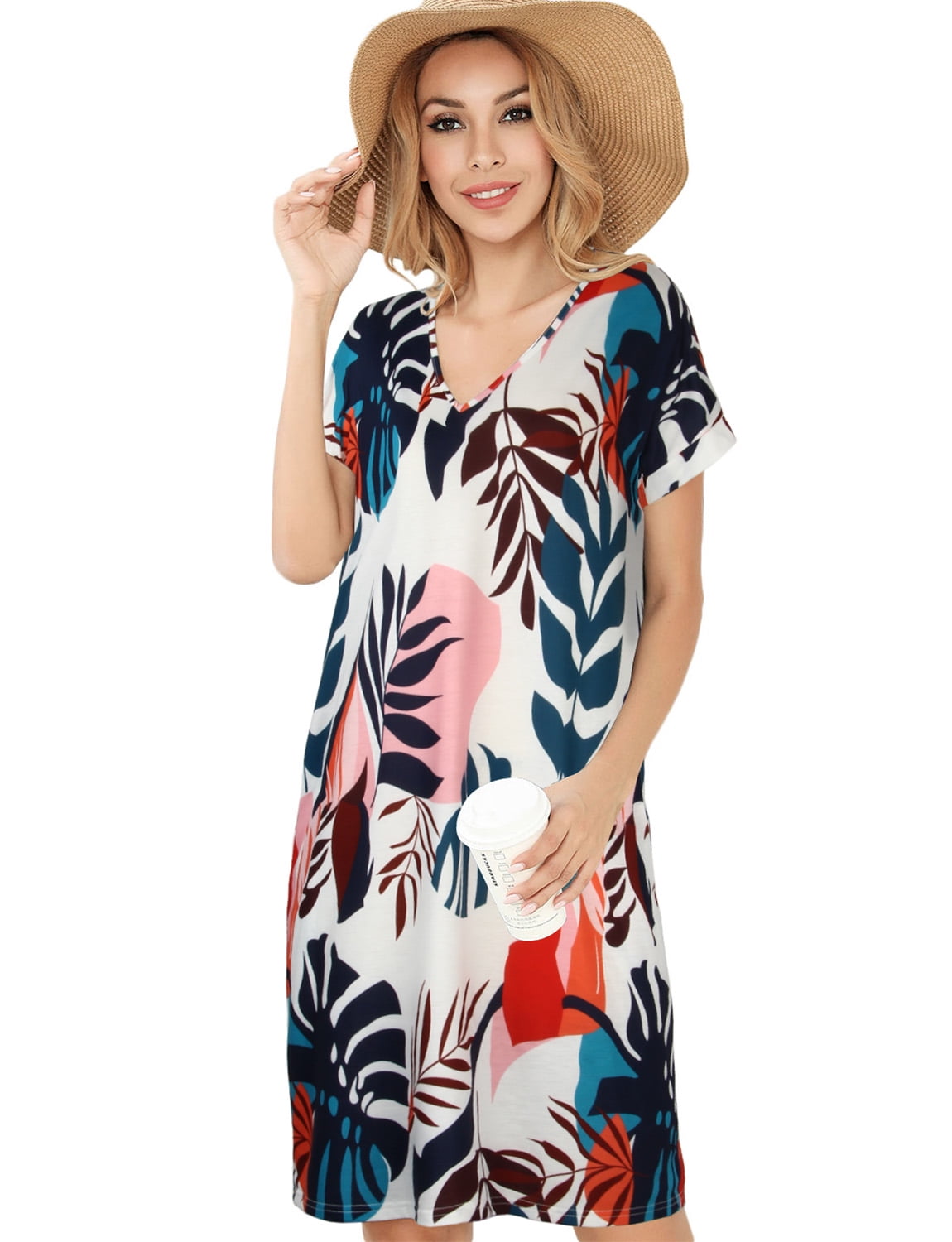 Women's Summer Casual T Shirt Dresses Floral Printed T Shirt Sundress V