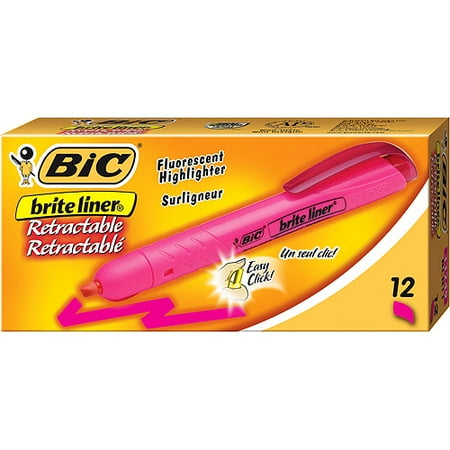 BIC Brite Liner Retractable Highlighter, Chisel Tip, Pink, 1-Dozen