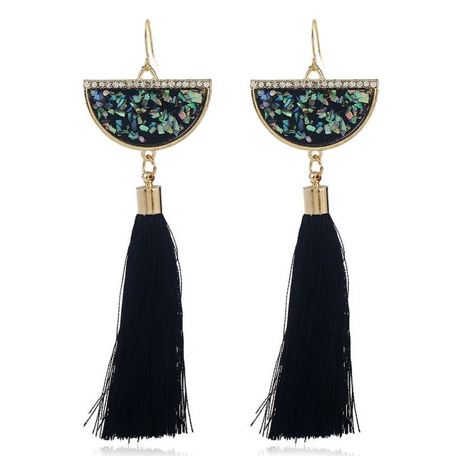Nvzi Pendientes y aretes para hombre, aretes de diamantes con incrustaciones de metal, aretes largos con borlas en forma de abanico (negro)