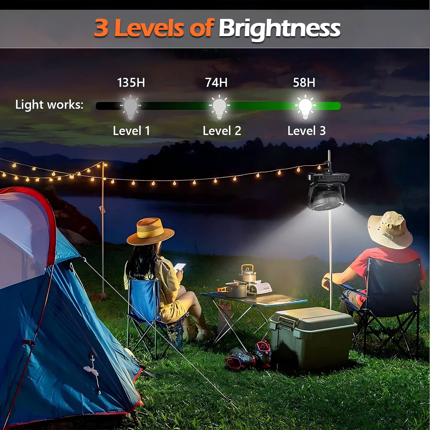 IC ICLOVER Camping Fan with LED Lantern Light, Rechargeable 20000mAh Battery Operated Portable Fan, Auto Oscillation Remote Control Timer Desk Fan for Tent, Travel, BBQ, Fishing, Black