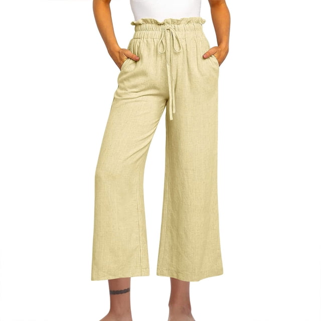 AherBiu Linen Pants Women High Waisted Wide Leg Slacks Relaxed Fitted Fall Cropped Trousers with Pockets