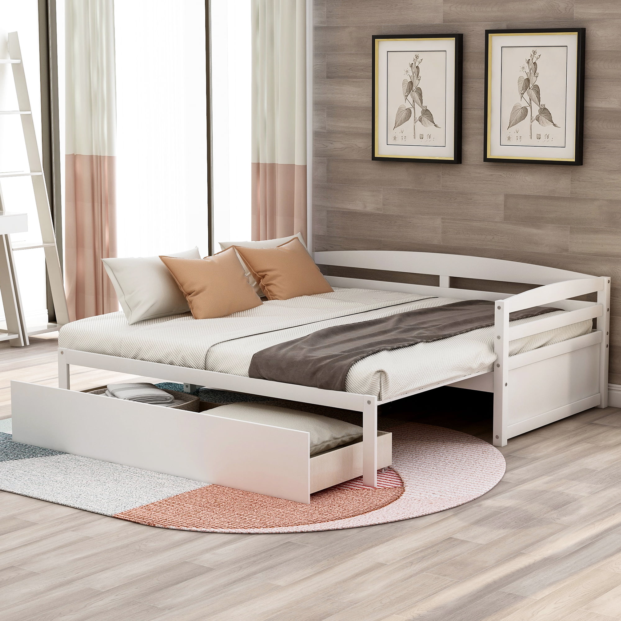 EUROCO Wooden Twin Daybed with Convertible Design and Rolling-Out ...