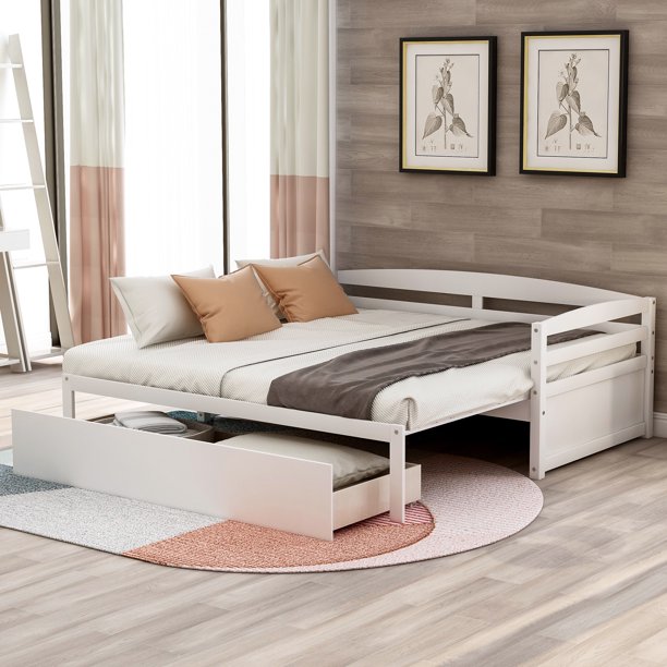 EUROCO Wooden Twin Daybed with Convertible Design and RollingOut
